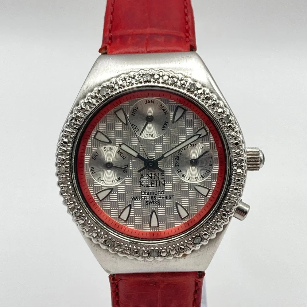 Anne Klein Diamond Women's Watch 32mm Silver Tone Swiss Month Red New Battery